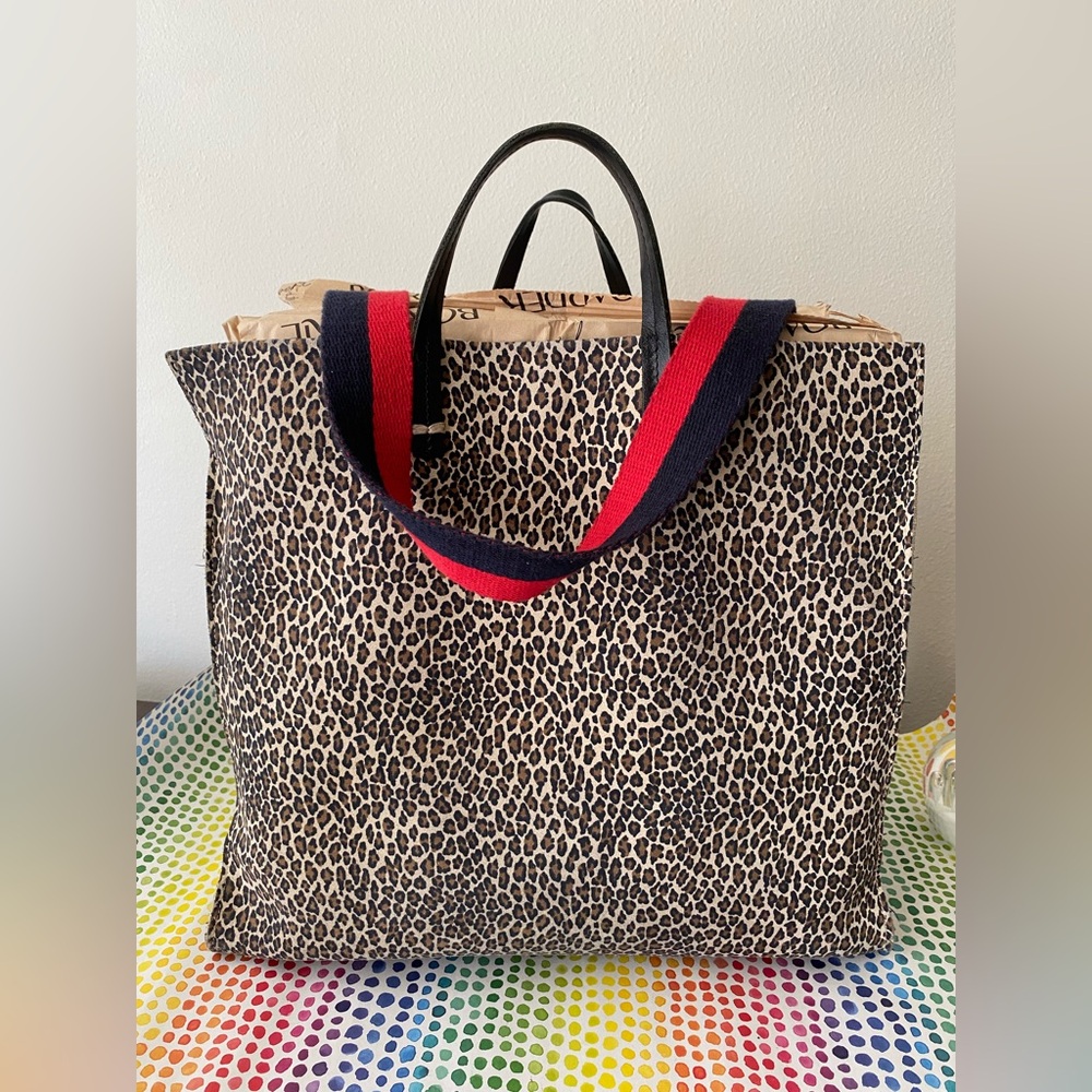 SOLD - CLARE V leopard cheetah suede leather tote bag with detachable strap.